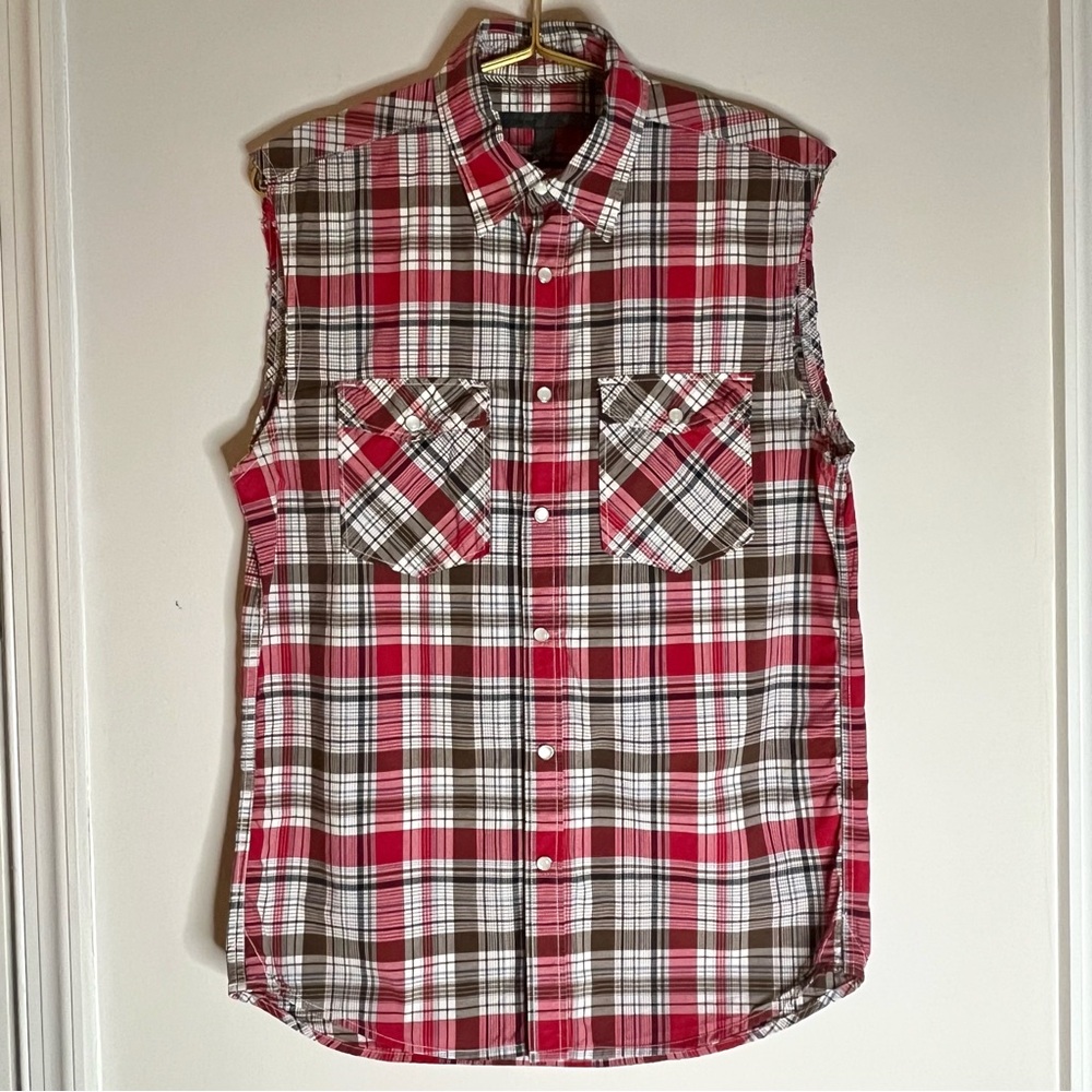 Old Navy Cotton Cutoff Sleeveless Plaid Collared Shirt Snap Up Pockets Sz S EUC